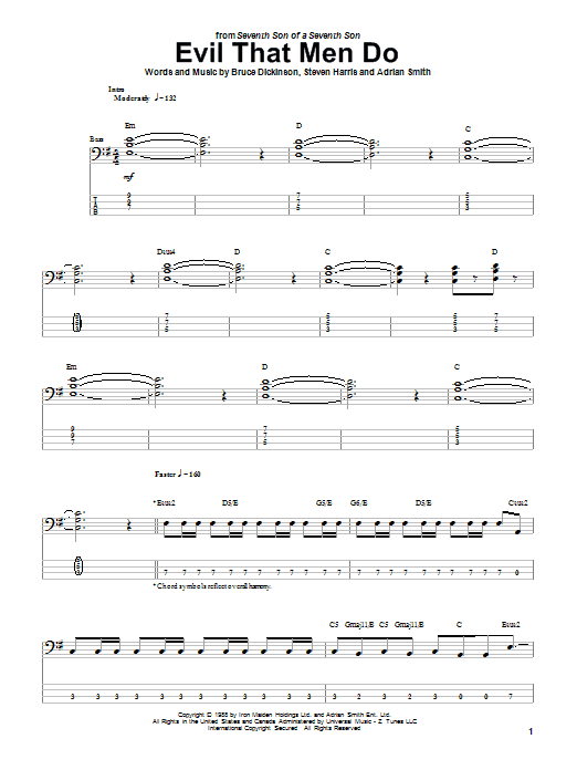 Learn to play Iron Maiden Evil That Men Do sheet music for Bass Guitar Tab in minutes. Price: 7.8900$ Iron Maiden Evil That Men Do sheet music notes and chords arranged for Bass Guitar Tab