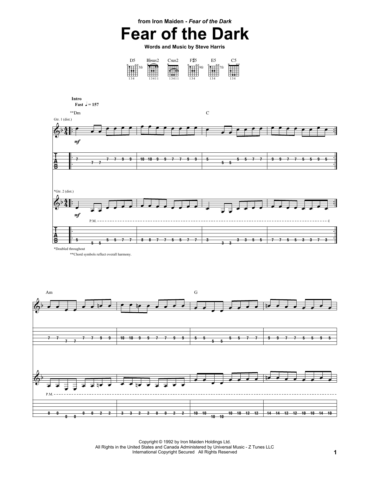 Iron Maiden Fear Of The Dark sheet music notes and chords. Download Printable PDF.