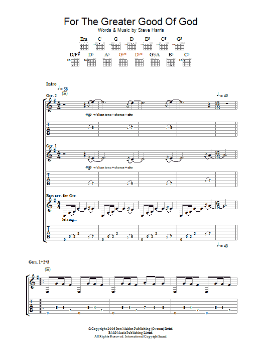 Learn to play Iron Maiden For The Greater Good Of God sheet music for Guitar Tab in minutes. Price: 7.8900$ Iron Maiden For The Greater Good Of God sheet music notes and chords arranged for Guitar Tab