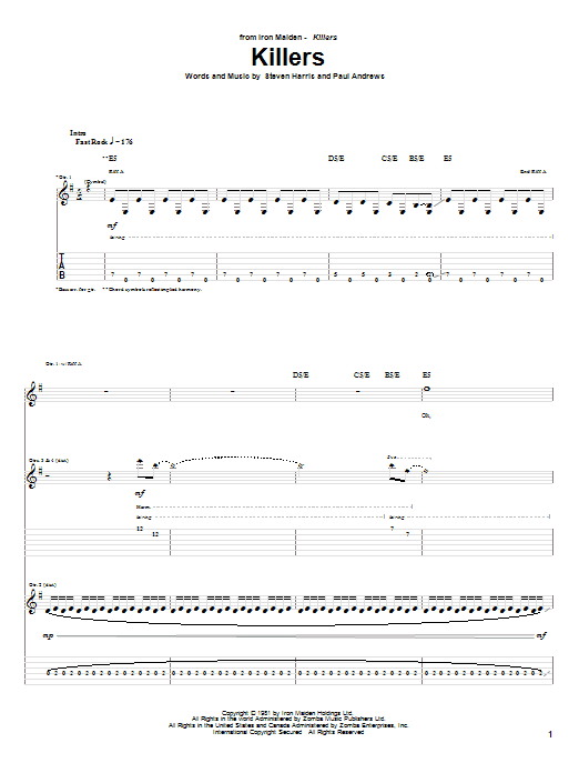 Iron Maiden Killers sheet music notes and chords. Download Printable PDF.