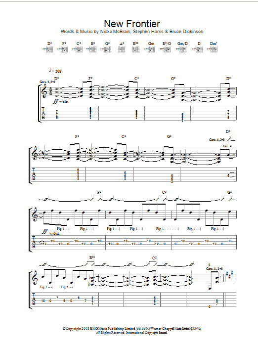 Learn to play Iron Maiden New Frontier sheet music for Guitar Tab in minutes. Price: 7.8900$ Iron Maiden New Frontier sheet music notes and chords arranged for Guitar Tab