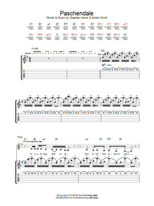 Learn to play Iron Maiden Paschendale sheet music for Guitar Tab in minutes. Price: 7.8900$ Iron Maiden Paschendale sheet music notes and chords arranged for Guitar Tab