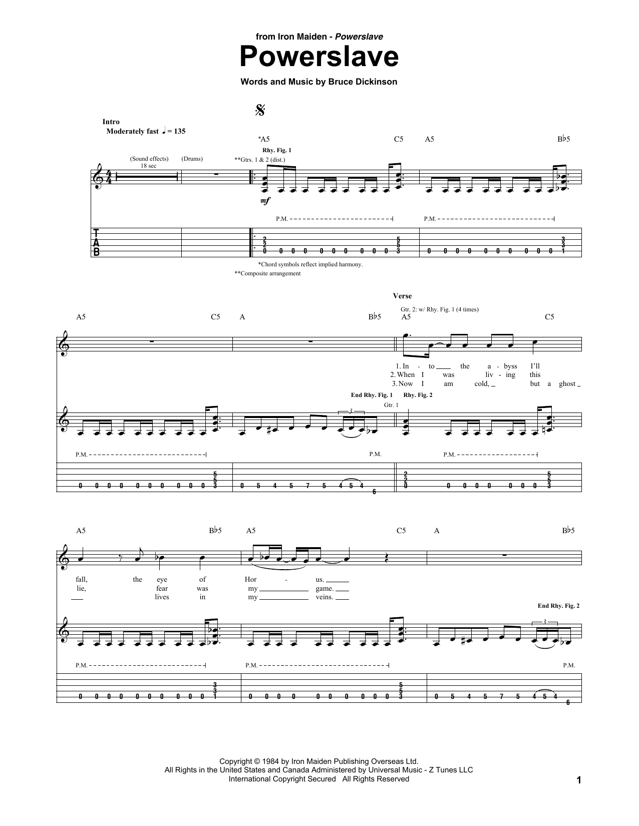 Iron Maiden Powerslave sheet music notes and chords. Download Printable PDF.