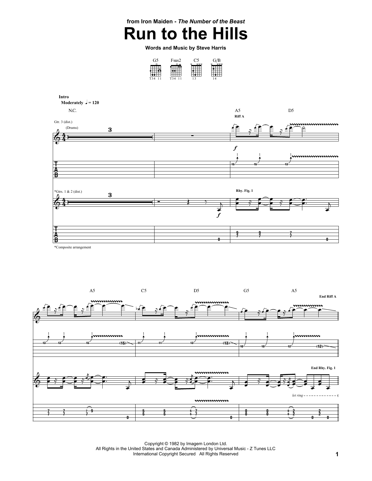 Iron Maiden Run To The Hills sheet music notes and chords. Download Printable PDF.