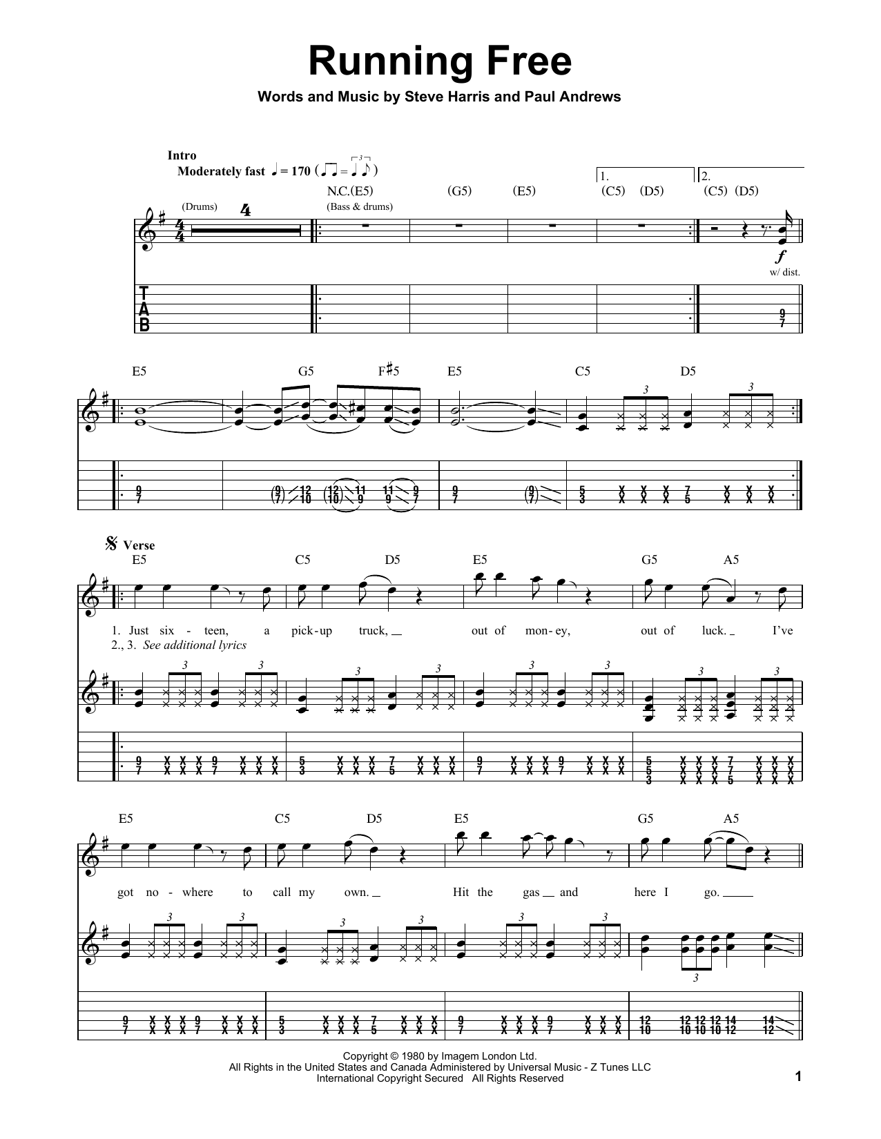 Iron Maiden Running Free sheet music notes and chords. Download Printable PDF.