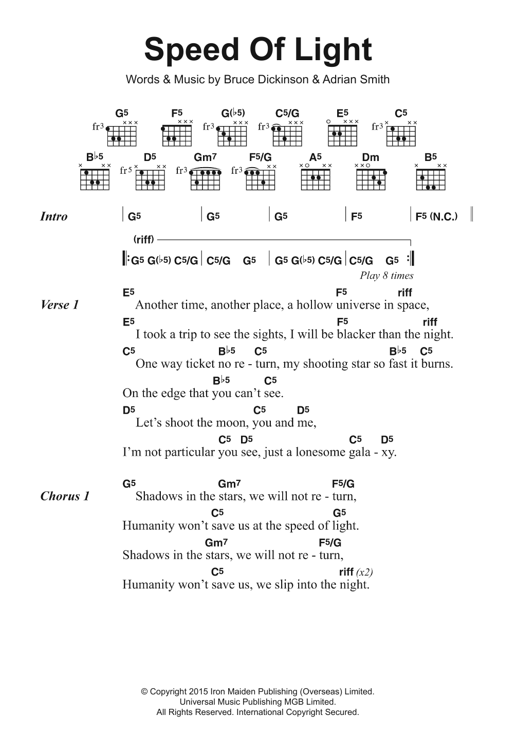 Iron Maiden Speed Of Light sheet music notes and chords. Download Printable PDF.