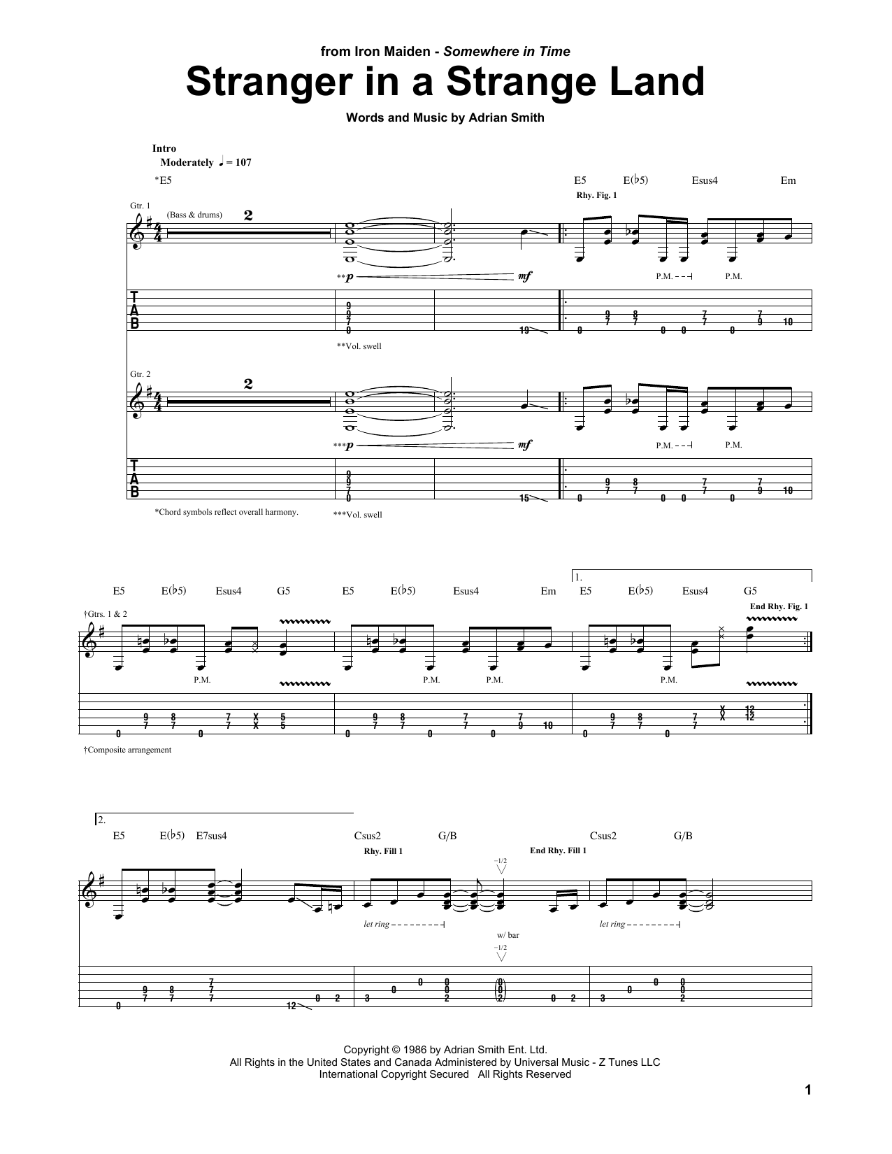 Iron Maiden Stranger In A Strange Land sheet music notes and chords. Download Printable PDF.