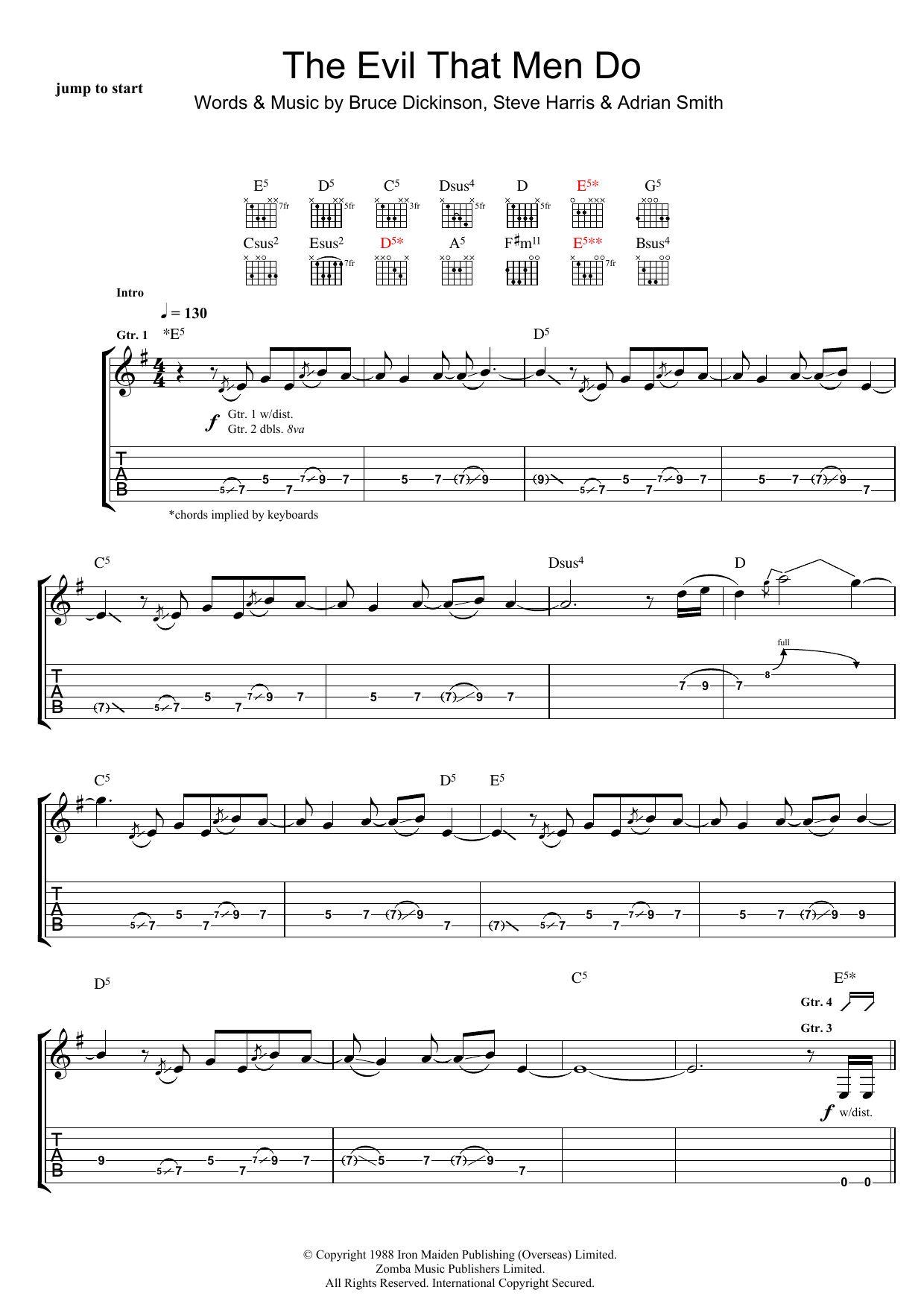 Learn to play Iron Maiden The Evil That Men Do sheet music for Guitar Tab in minutes. Price: 7.8900$ Iron Maiden The Evil That Men Do sheet music notes and chords arranged for Guitar Tab