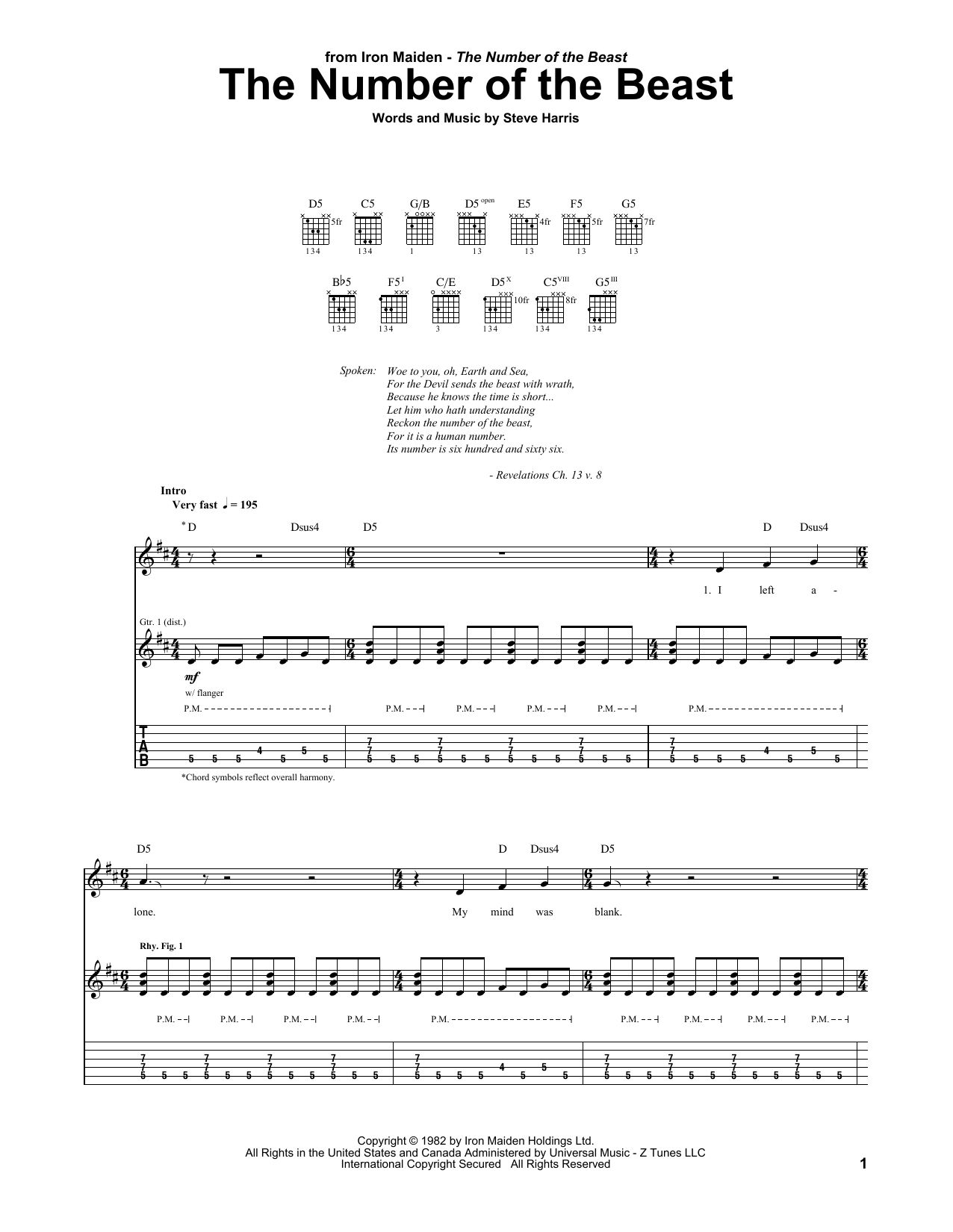 Iron Maiden The Number Of The Beast sheet music notes and chords. Download Printable PDF.