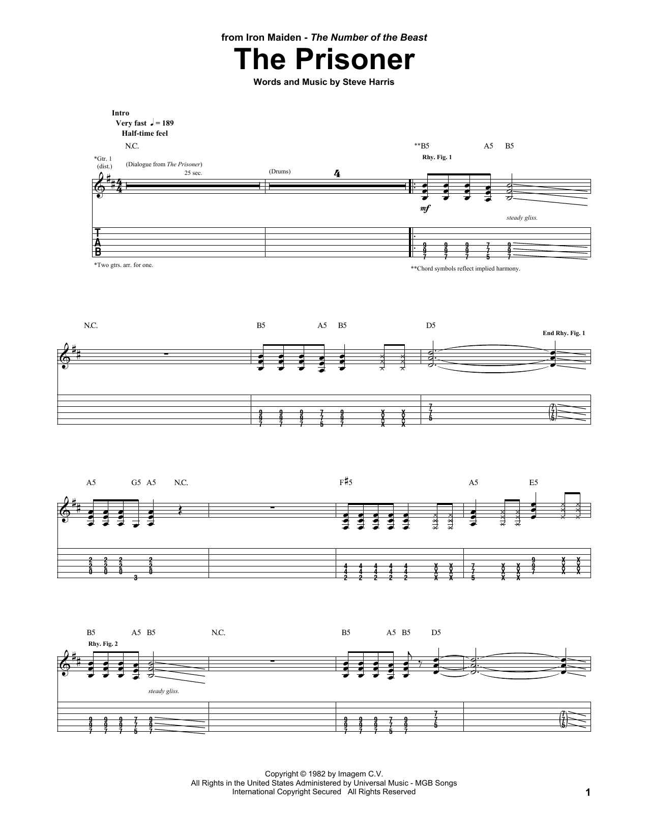 Iron Maiden The Prisoner sheet music notes and chords. Download Printable PDF.