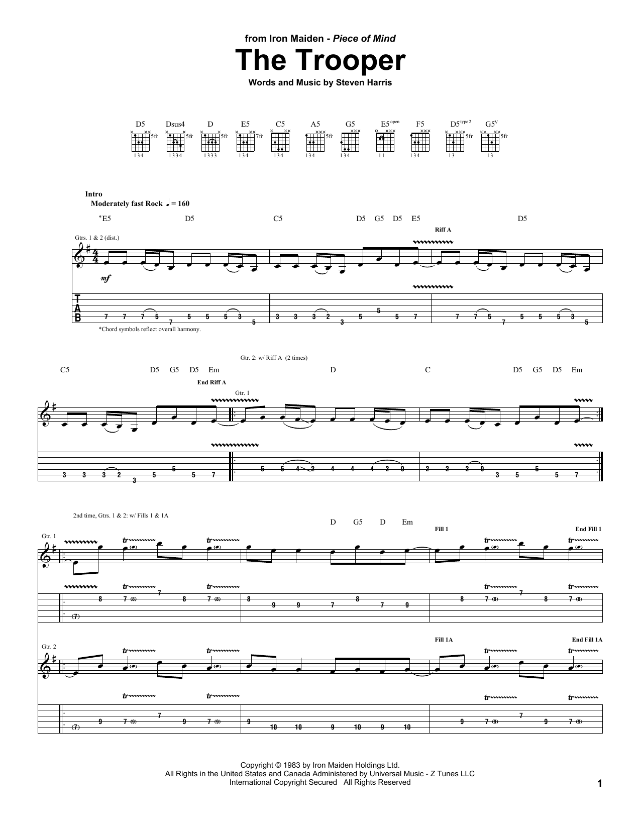 Iron Maiden The Trooper sheet music notes and chords. Download Printable PDF.