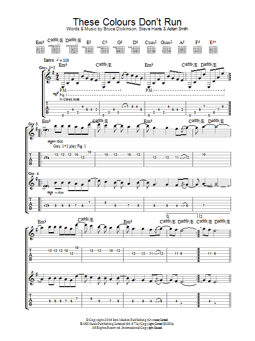 Learn to play Iron Maiden These Colours Don't Run sheet music for Guitar Tab in minutes. Price: 7.8900$ Iron Maiden These Colours Don't Run sheet music notes and chords arranged for Guitar Tab