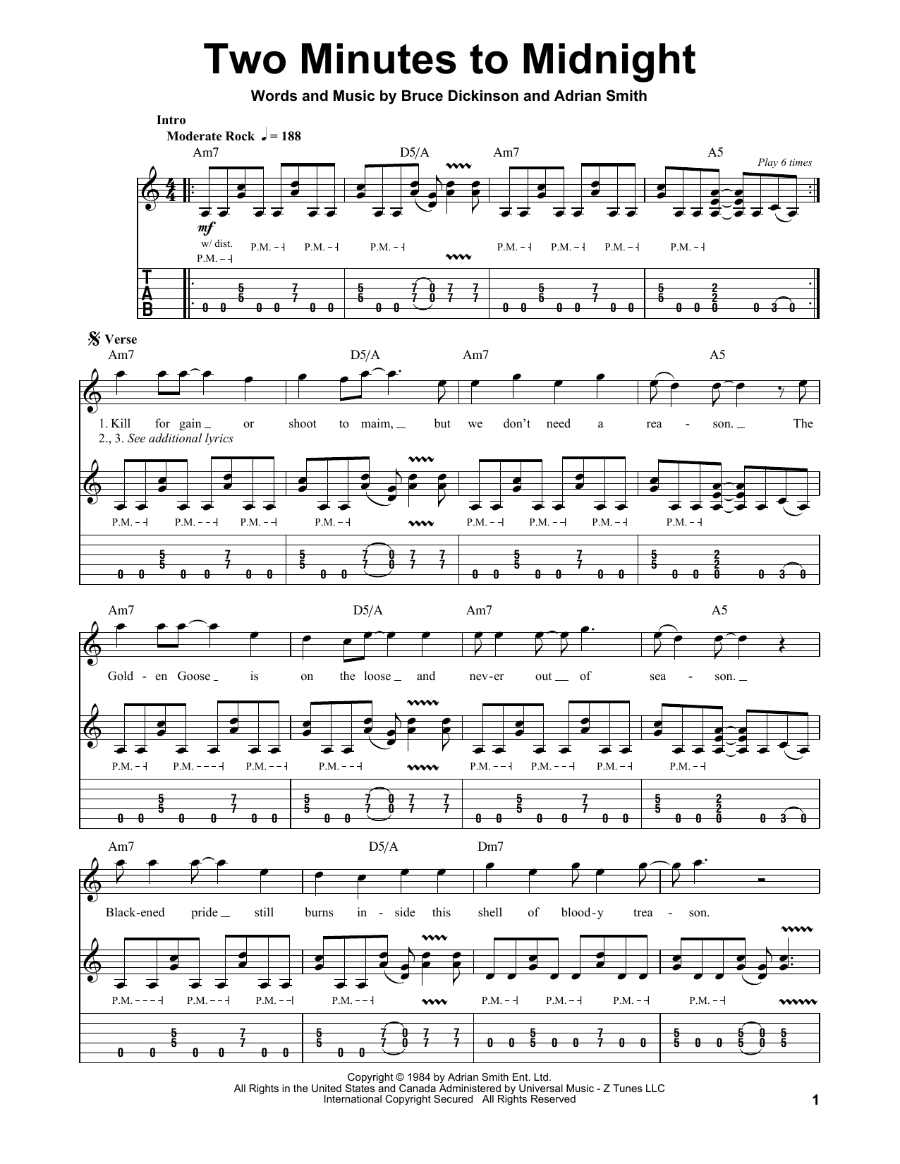 Iron Maiden Two Minutes To Midnight sheet music notes and chords. Download Printable PDF.