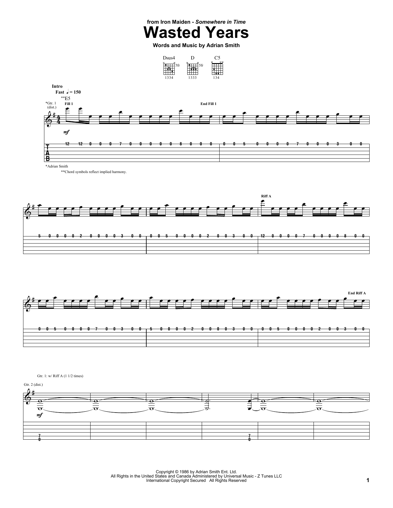 Iron Maiden Wasted Years sheet music notes and chords. Download Printable PDF.