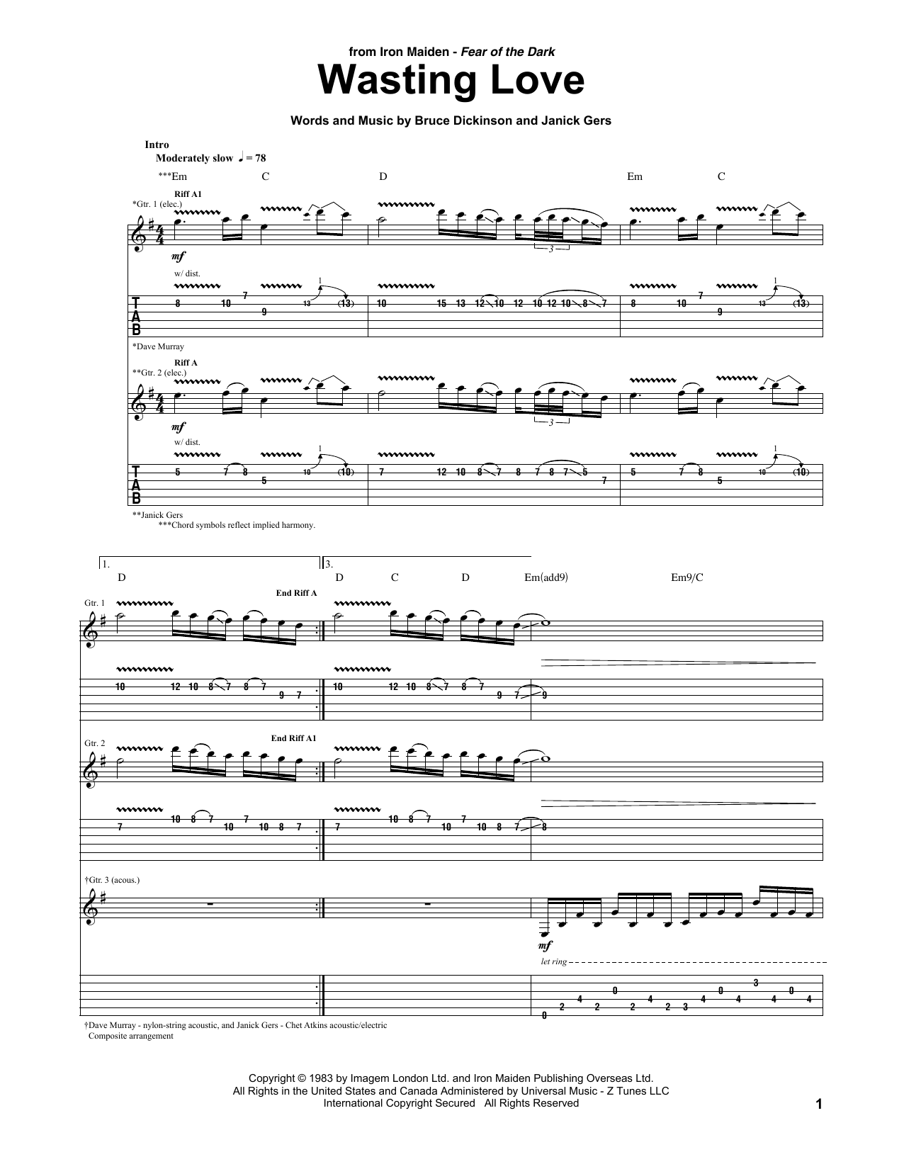 Iron Maiden Wasting Love sheet music notes and chords. Download Printable PDF.