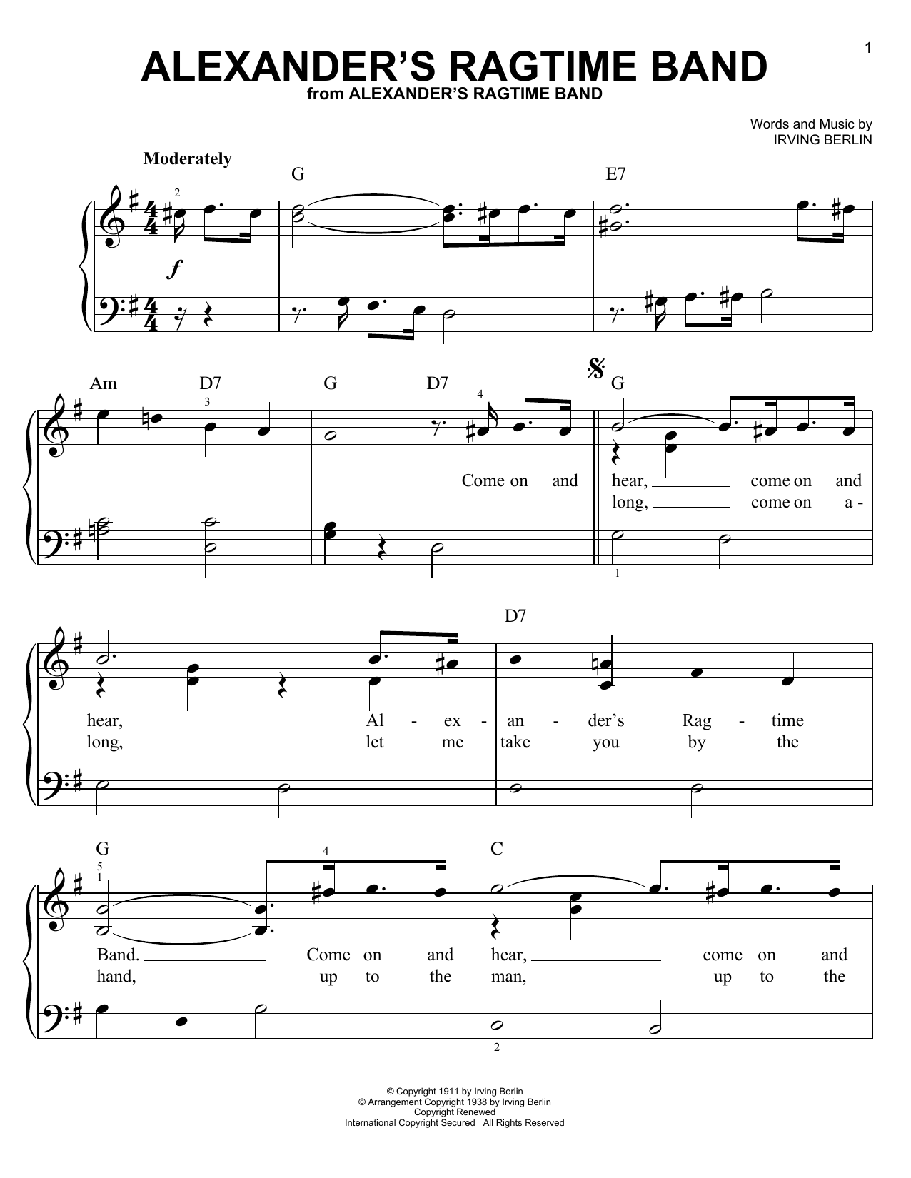 Irving Berlin Alexander's Ragtime Band sheet music notes and chords. Download Printable PDF.