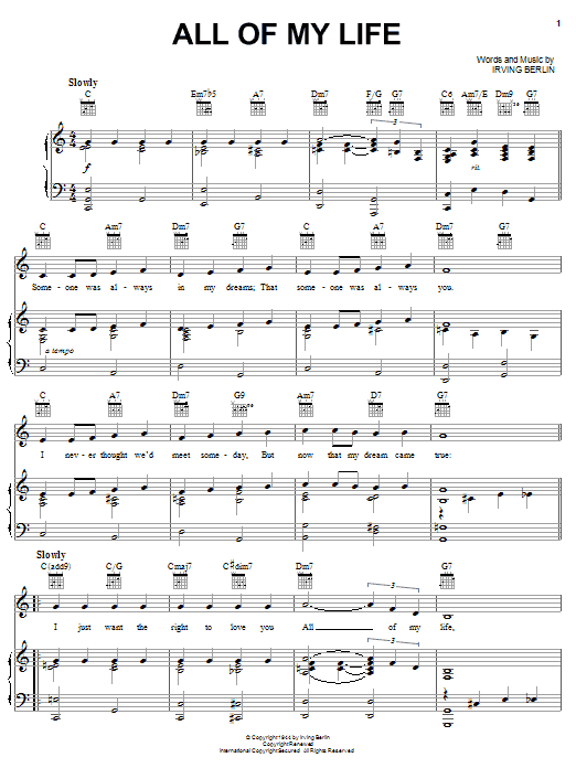 Learn to play Irving Berlin All Of My Life sheet music for Piano, Vocal & Guitar Chords (Right-Hand Melody) in minutes. Price: 7.8900$ Irving Berlin All Of My Life sheet music notes and chords arranged for Piano, Vocal & Guitar Chords (Right-Hand Melody)