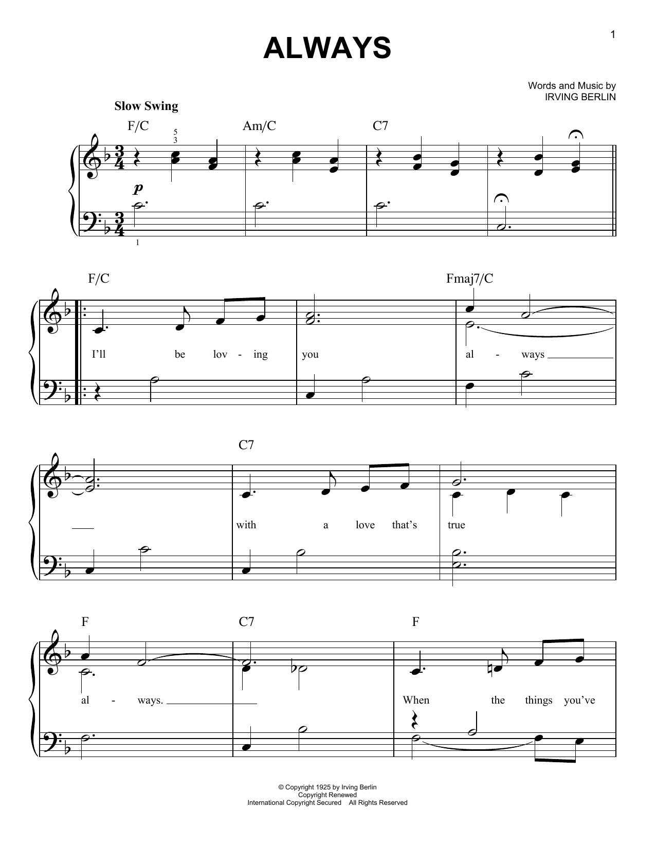 Irving Berlin Always sheet music notes and chords. Download Printable PDF.