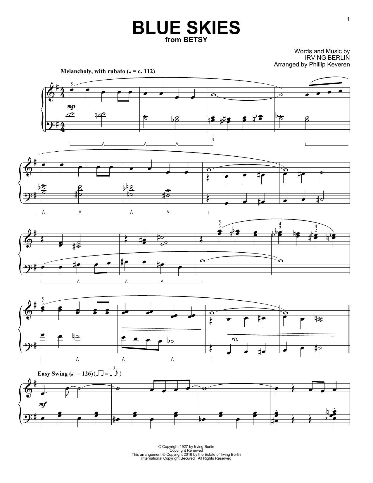 Learn to play Irving Berlin Blue Skies (arr. Phillip Keveren) sheet music for Piano Solo in minutes. Price: 7.8900$ Irving Berlin Blue Skies (arr. Phillip Keveren) sheet music notes and chords arranged for Piano Solo