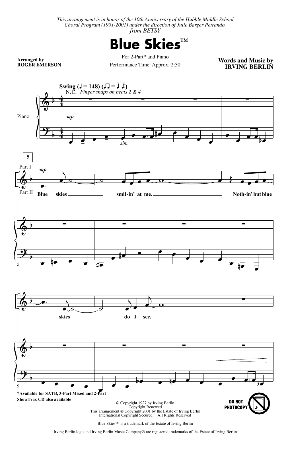 Irving Berlin Blue Skies (arr. Roger Emerson) sheet music notes and chords. Download Printable PDF.