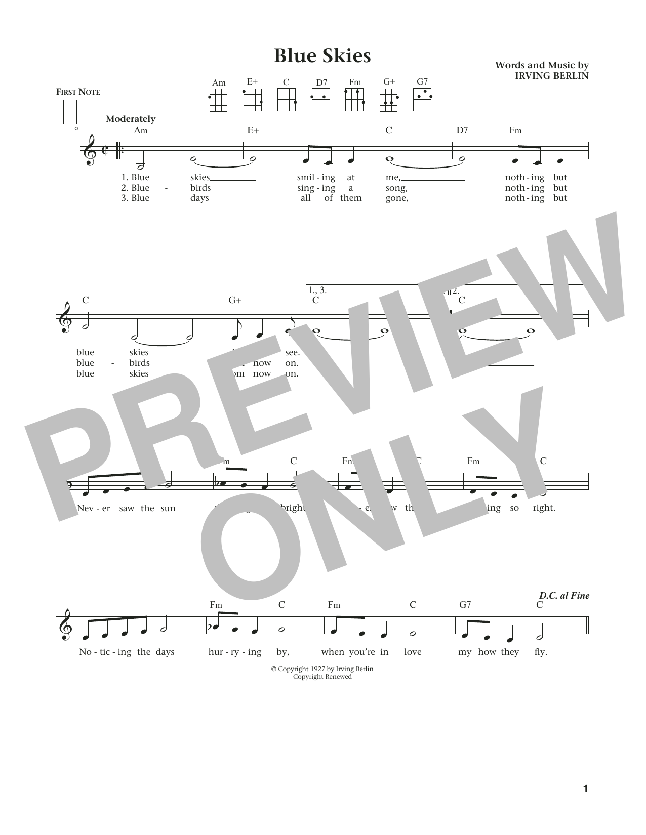 Learn to play Irving Berlin Blue Skies (from The Daily Ukulele) (arr. Liz and Jim Beloff) sheet music for Ukulele in minutes. Price: 5.9900$ Irving Berlin Blue Skies (from The Daily Ukulele) (arr. Liz and Jim Beloff) sheet music notes and chords arranged for Ukulele