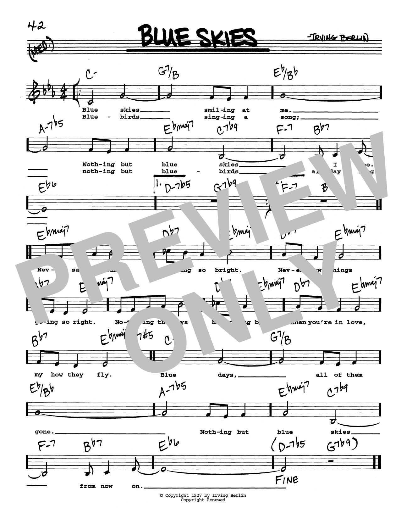 Irving Berlin Blue Skies (Low Voice) sheet music notes and chords. Download Printable PDF.