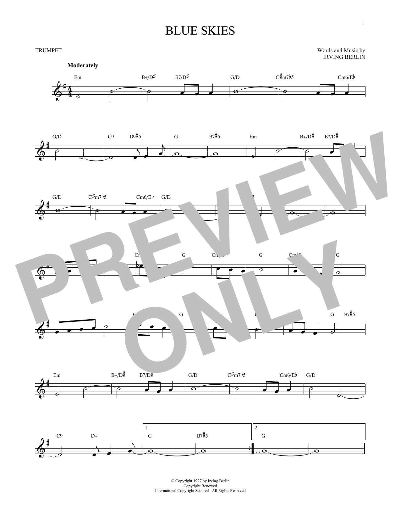 Irving Berlin Blue Skies sheet music notes and chords. Download Printable PDF.