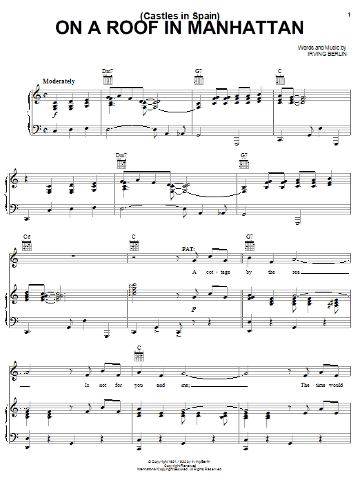 Learn to play Irving Berlin (Castles In Spain) On A Roof In Manhattan sheet music for Piano, Vocal & Guitar Chords (Right-Hand Melody) in minutes. Price: 7.8900$ Irving Berlin (Castles In Spain) On A Roof In Manhattan sheet music notes and chords arranged for Piano, Vocal & Guitar Chords (Right-Hand Melody)