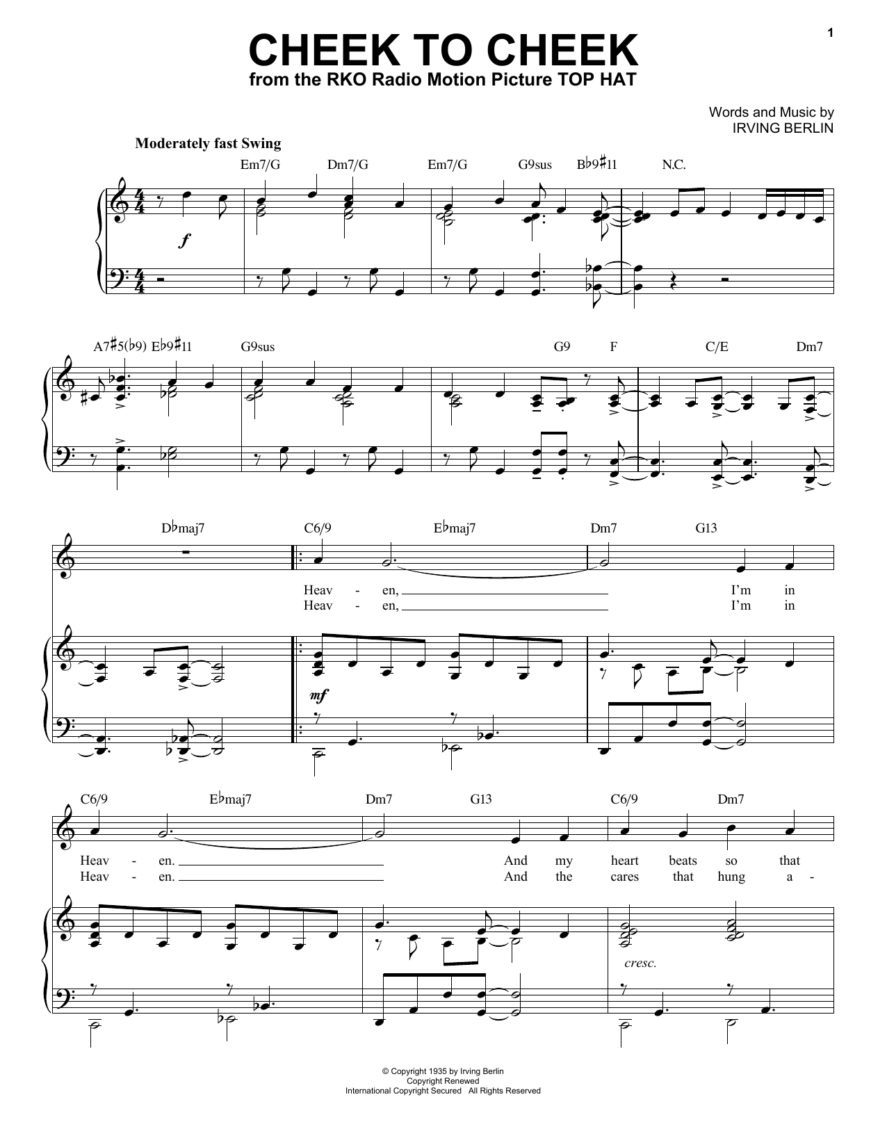 Irving Berlin Cheek To Cheek [Jazz version] (arr. Brent Edstrom) sheet music notes and chords. Download Printable PDF.