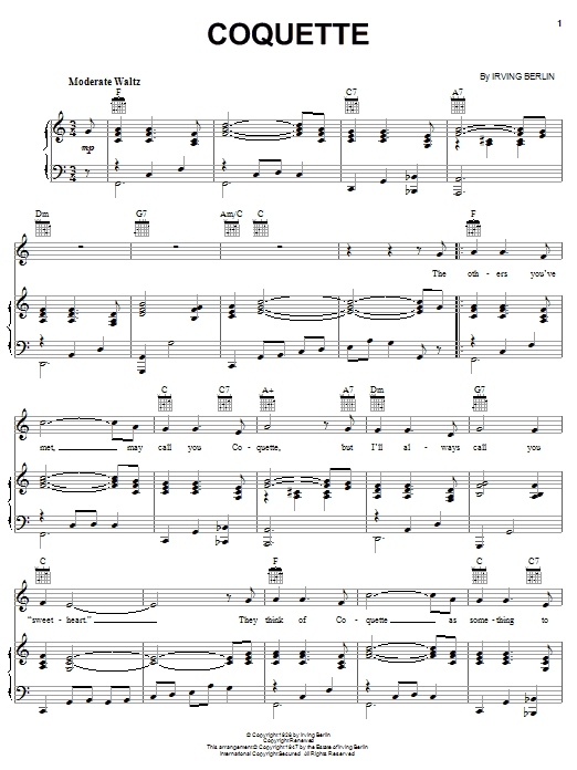 Learn to play Irving Berlin Coquette sheet music for Piano, Vocal & Guitar Chords (Right-Hand Melody) in minutes. Price: 7.8900$ Irving Berlin Coquette sheet music notes and chords arranged for Piano, Vocal & Guitar Chords (Right-Hand Melody)