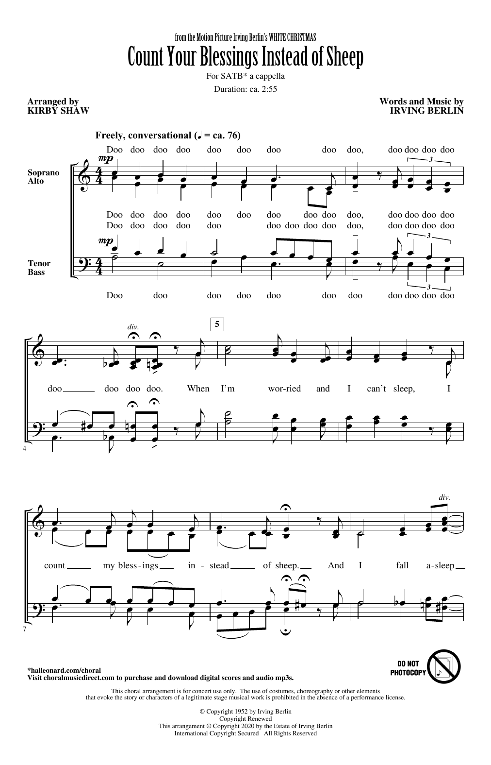 Irving Berlin Count Your Blessings Instead Of Sheep (from White Christmas) (arr. Kirby Shaw) sheet music notes and chords. Download Printable PDF.