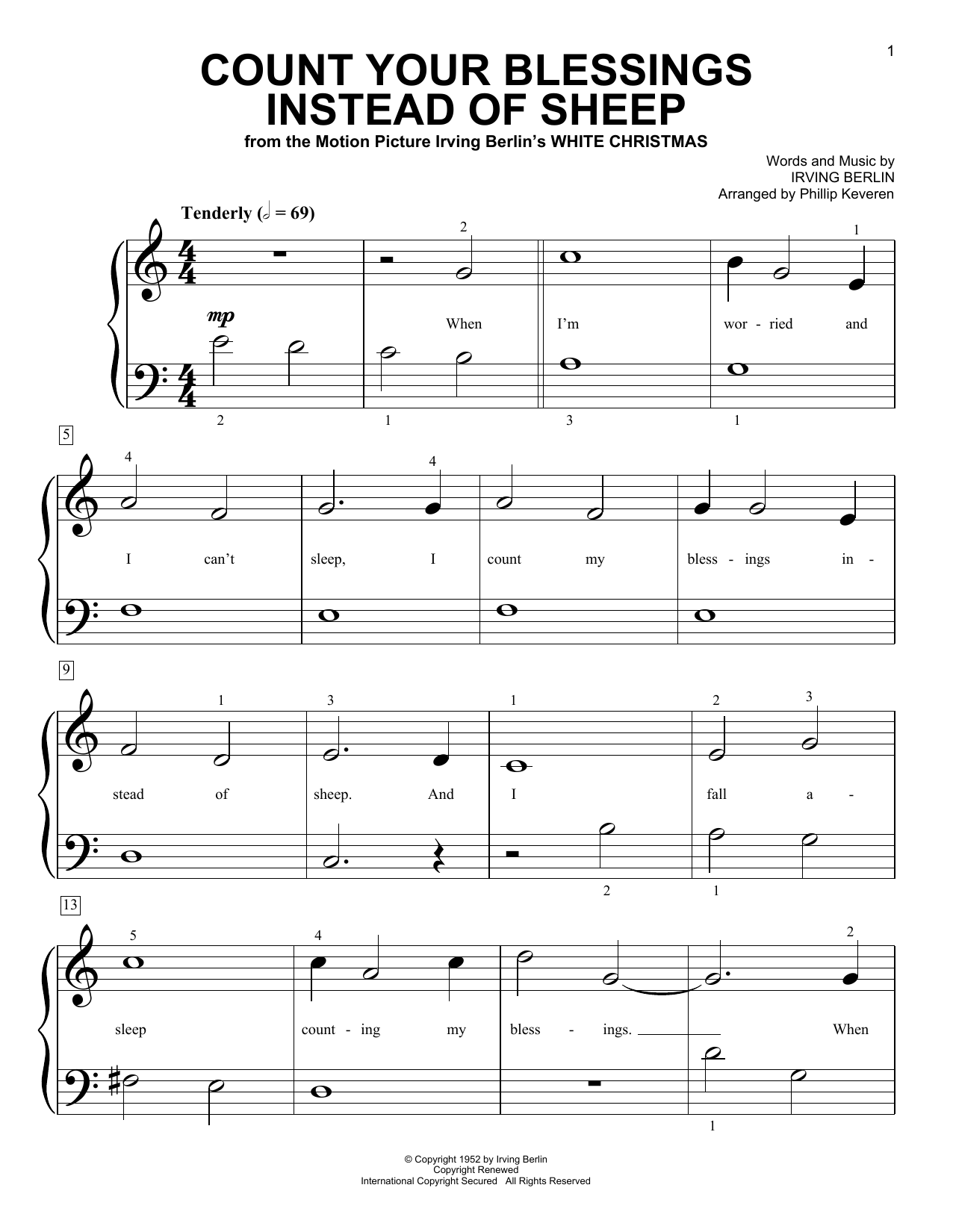 Learn to play Irving Berlin Count Your Blessings Instead Of Sheep (from White Christmas) (arr. Phillip Keveren) sheet music for Big Note Piano in minutes. Price: 6.9900$ Irving Berlin Count Your Blessings Instead Of Sheep (from White Christmas) (arr. Phillip Keveren) sheet music notes and chords arranged for Big Note Piano