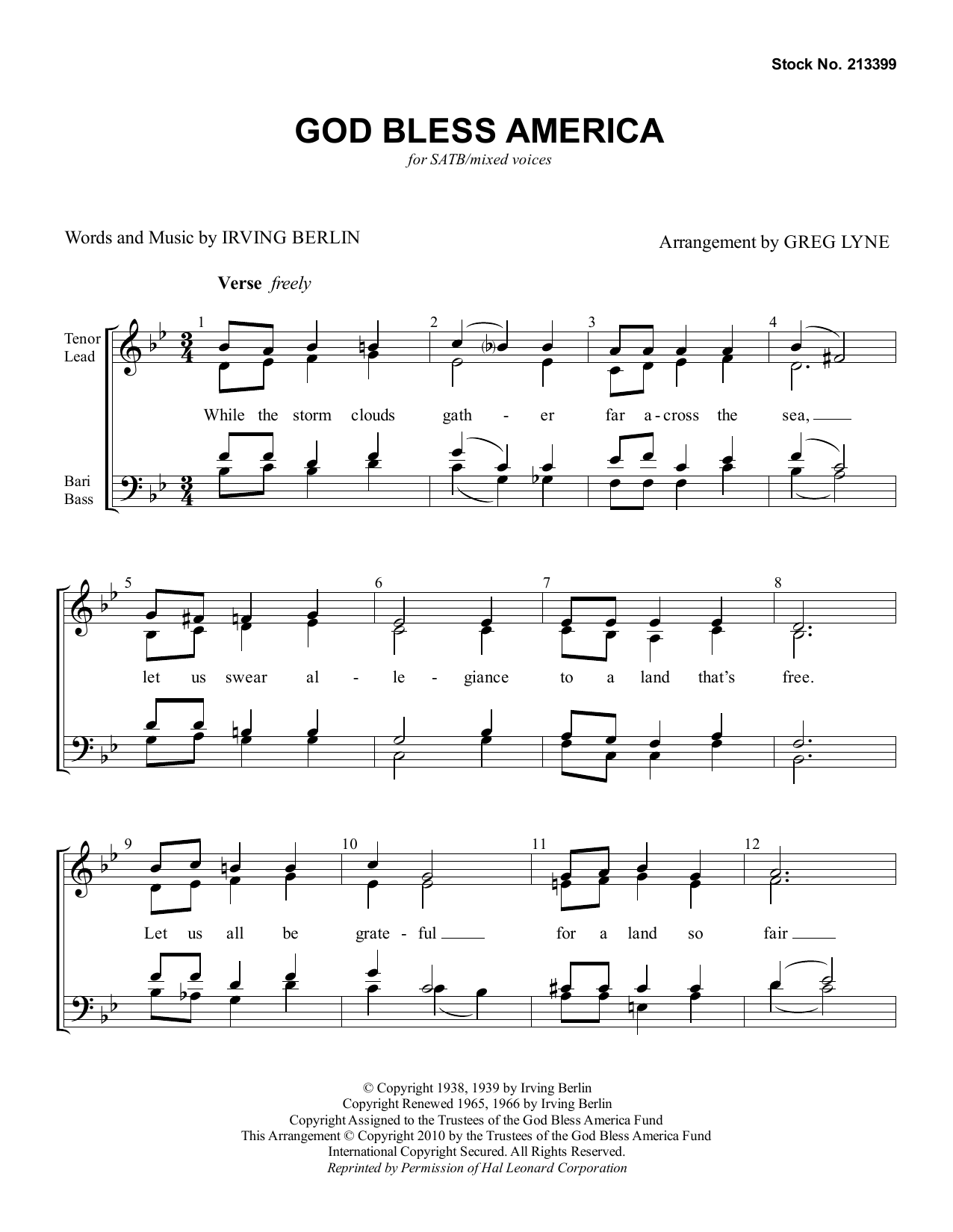 Learn to play Irving Berlin God Bless America (arr. Greg Lyne) sheet music for SATB Choir in minutes. Price: 3.9900$ Irving Berlin God Bless America (arr. Greg Lyne) sheet music notes and chords arranged for SATB Choir