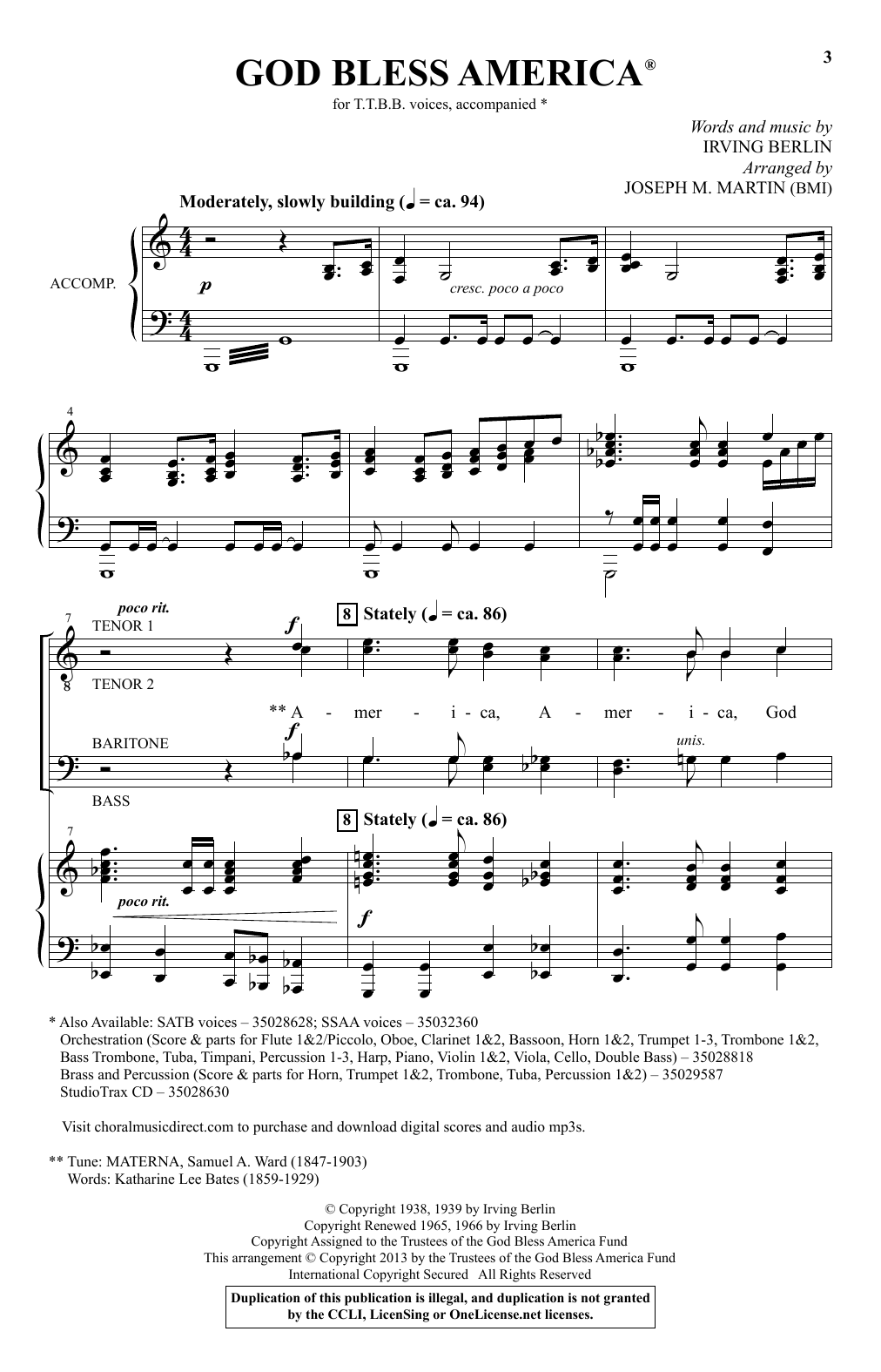 Irving Berlin God Bless America (arr. Joseph M. Martin) sheet music notes and chords. Download Printable PDF.