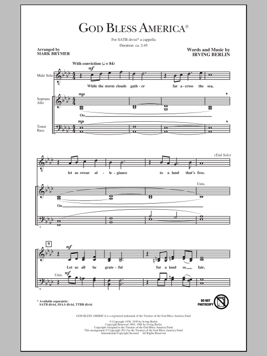 Irving Berlin God Bless America (arr. Mark Brymer) sheet music notes and chords. Download Printable PDF.