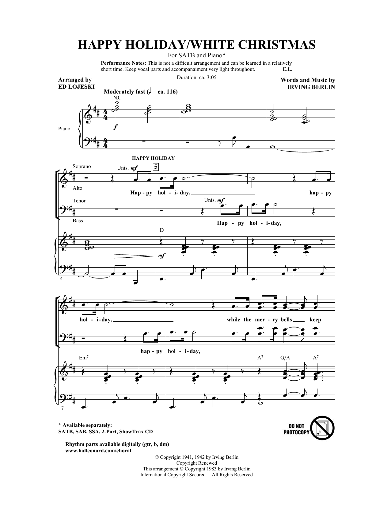 Irving Berlin Happy Holiday (arr. Ed Lojeski) sheet music notes and chords. Download Printable PDF.