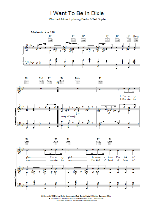 Learn to play Irving Berlin I Want To Be In Dixie sheet music for Piano, Vocal & Guitar Chords in minutes. Price: 7.8900$ Irving Berlin I Want To Be In Dixie sheet music notes and chords arranged for Piano, Vocal & Guitar Chords