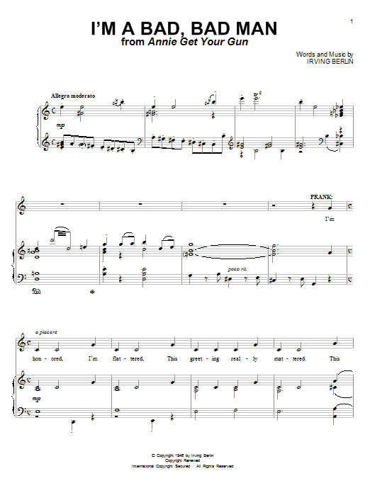 Learn to play Irving Berlin I'm A Bad, Bad Man sheet music for Piano & Vocal in minutes. Price: 7.8900$ Irving Berlin I'm A Bad, Bad Man sheet music notes and chords arranged for Piano & Vocal