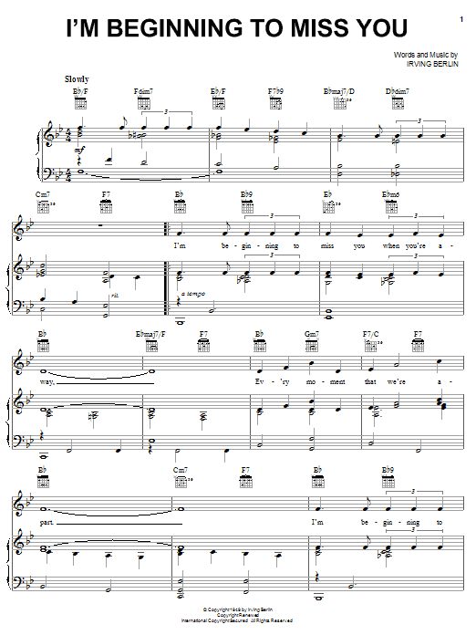 Learn to play Irving Berlin I'm Beginning To Miss You sheet music for Piano, Vocal & Guitar Chords (Right-Hand Melody) in minutes. Price: 7.8900$ Irving Berlin I'm Beginning To Miss You sheet music notes and chords arranged for Piano, Vocal & Guitar Chords (Right-Hand Melody)