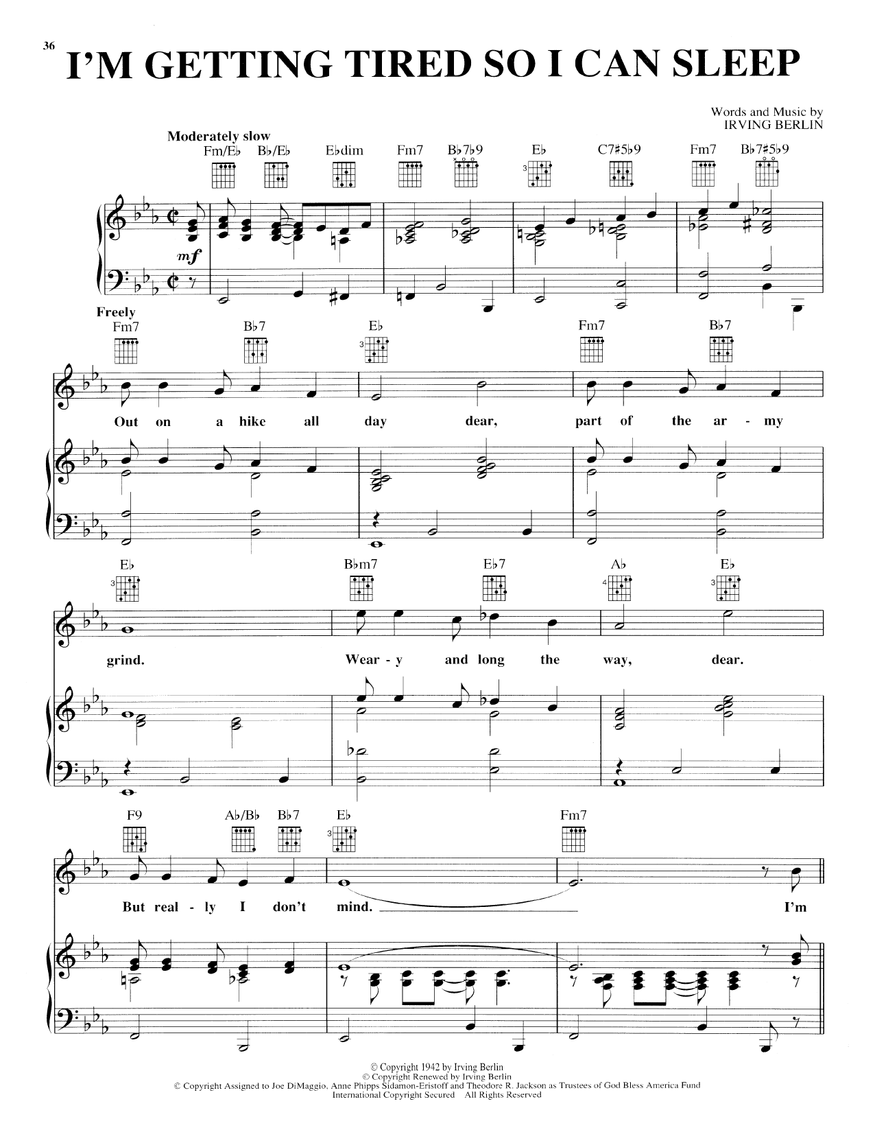 Learn to play Irving Berlin I'm Getting Tired So I Can Sleep sheet music for Piano, Vocal & Guitar Chords (Right-Hand Melody) in minutes. Price: 7.8900$ Irving Berlin I'm Getting Tired So I Can Sleep sheet music notes and chords arranged for Piano, Vocal & Guitar Chords (Right-Hand Melody)