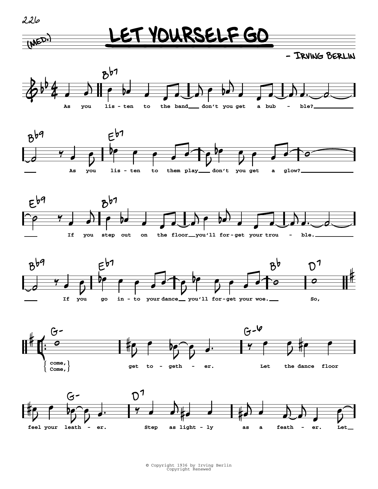 Learn to play Irving Berlin Let Yourself Go (High Voice) (from Follow The Fleet) sheet music for Real Book – Melody, Lyrics & Chords in minutes. Price: 5.9900$ Irving Berlin Let Yourself Go (High Voice) (from Follow The Fleet) sheet music notes and chords arranged for Real Book – Melody, Lyrics & Chords