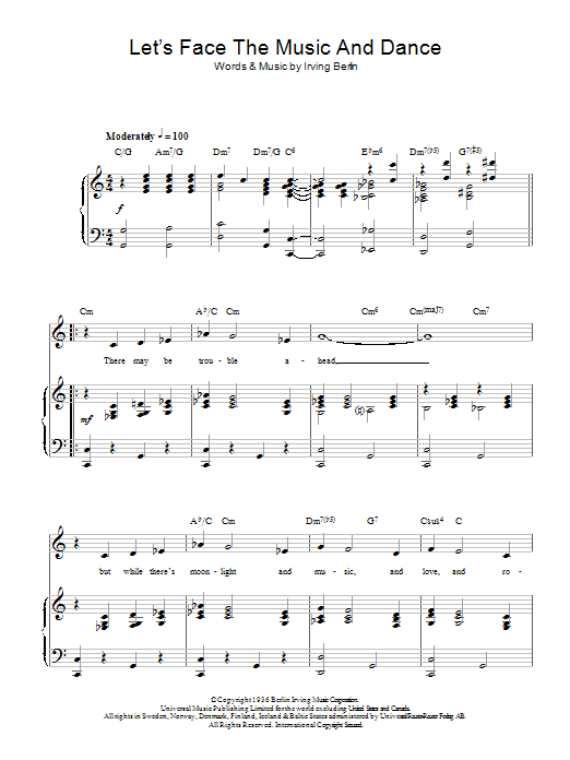 Learn to play Top Hat Cast Let's Face The Music And Dance sheet music for Piano, Vocal & Guitar Chords in minutes. Price: 7.8900$ Top Hat Cast Let's Face The Music And Dance sheet music notes and chords arranged for Piano, Vocal & Guitar Chords