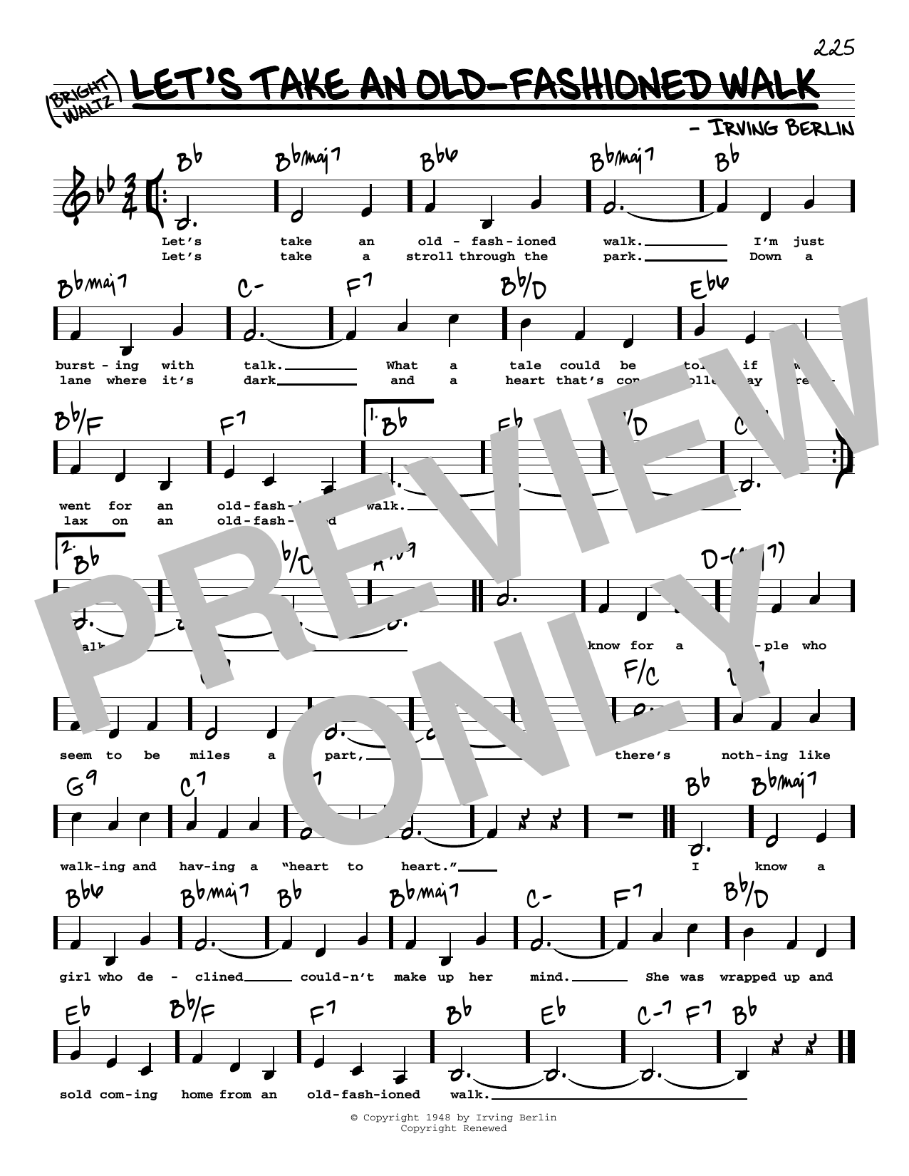 Learn to play Irving Berlin Let's Take An Old-Fashioned Walk (Low Voice) sheet music for Real Book – Melody, Lyrics & Chords in minutes. Price: 5.9900$ Irving Berlin Let's Take An Old-Fashioned Walk (Low Voice) sheet music notes and chords arranged for Real Book – Melody, Lyrics & Chords