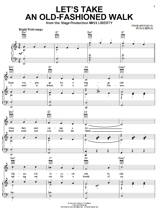Learn to play Irving Berlin Let's Take An Old-Fashioned Walk sheet music for Piano, Vocal & Guitar Chords (Right-Hand Melody) in minutes. Price: 7.8900$ Irving Berlin Let's Take An Old-Fashioned Walk sheet music notes and chords arranged for Piano, Vocal & Guitar Chords (Right-Hand Melody)