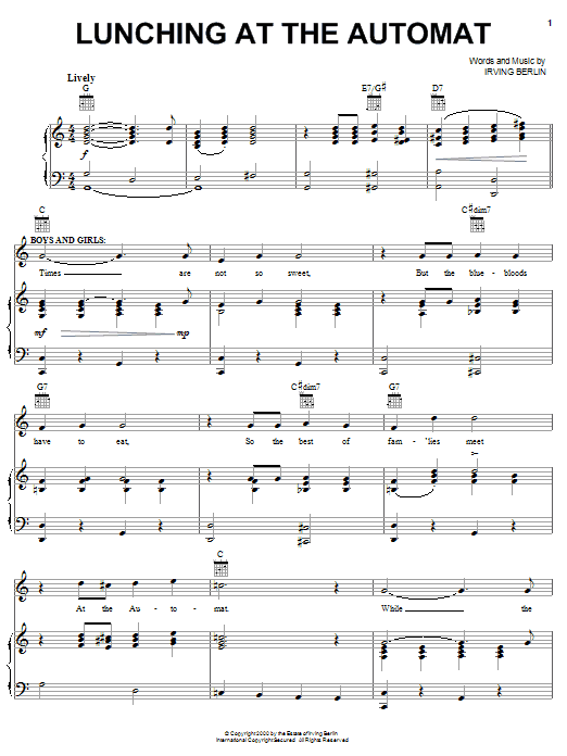 Learn to play Irving Berlin Lunching At The Automat sheet music for Piano, Vocal & Guitar Chords (Right-Hand Melody) in minutes. Price: 7.8900$ Irving Berlin Lunching At The Automat sheet music notes and chords arranged for Piano, Vocal & Guitar Chords (Right-Hand Melody)
