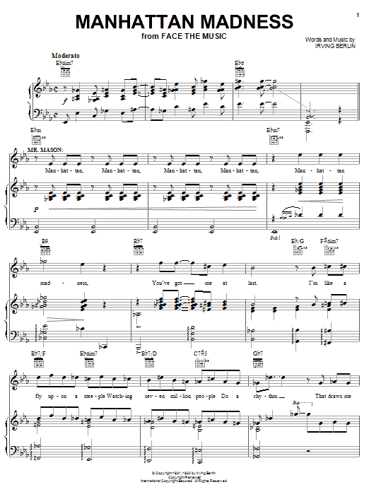 Learn to play Irving Berlin Manhattan Madness sheet music for Piano, Vocal & Guitar Chords (Right-Hand Melody) in minutes. Price: 7.8900$ Irving Berlin Manhattan Madness sheet music notes and chords arranged for Piano, Vocal & Guitar Chords (Right-Hand Melody)