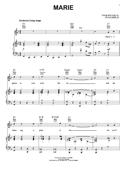 Irving Berlin Marie sheet music notes and chords. Download Printable PDF.