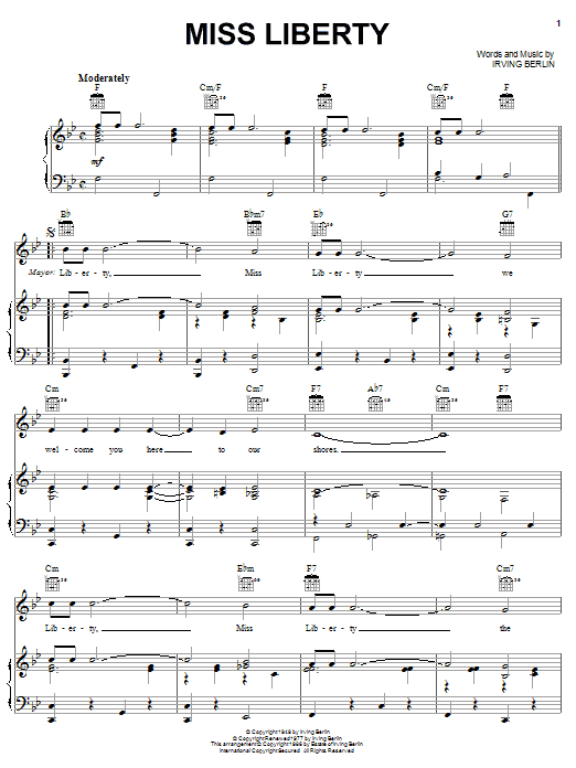Learn to play Irving Berlin Miss Liberty sheet music for Piano, Vocal & Guitar Chords (Right-Hand Melody) in minutes. Price: 7.8900$ Irving Berlin Miss Liberty sheet music notes and chords arranged for Piano, Vocal & Guitar Chords (Right-Hand Melody)