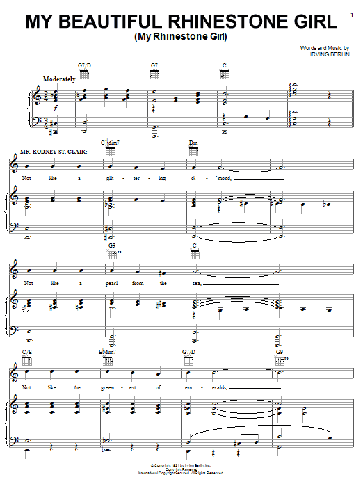 Learn to play Irving Berlin My Beautiful Rhinestone Girl (My Rhinestone Girl) sheet music for Piano, Vocal & Guitar Chords (Right-Hand Melody) in minutes. Price: 7.8900$ Irving Berlin My Beautiful Rhinestone Girl (My Rhinestone Girl) sheet music notes and chords arranged for Piano, Vocal & Guitar Chords (Right-Hand Melody)