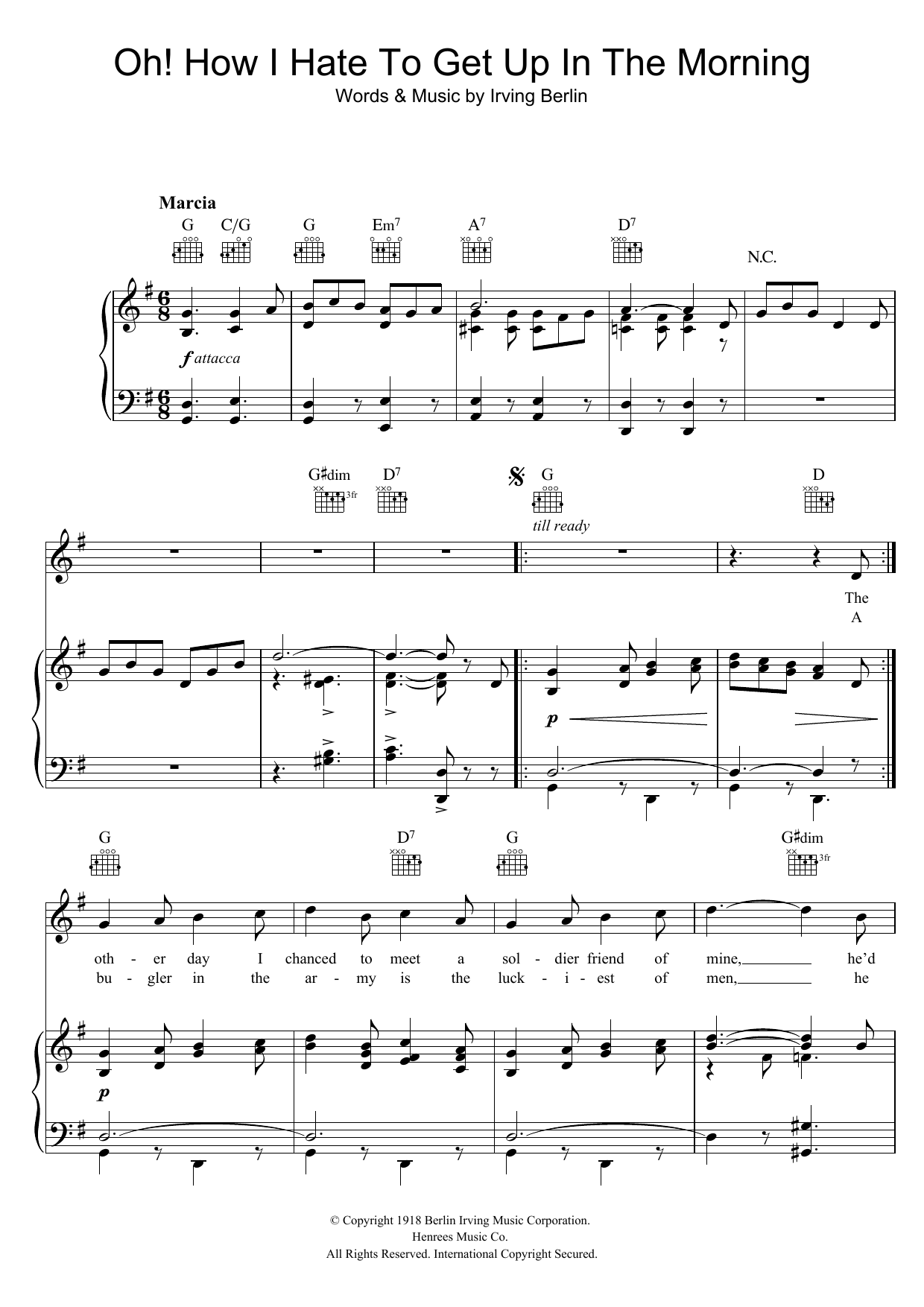 Irving Berlin Oh, How I Hate To Get Up In The Morning sheet music notes and chords. Download Printable PDF.